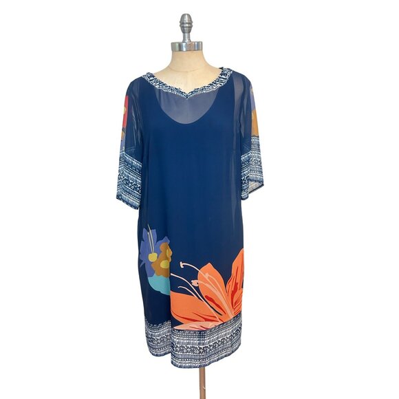 Soft Surroundings 2 PC Hibiscus Floral Blue Dress with Short Sleeves Medium - Picture 2 of 5